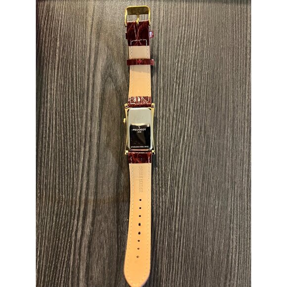 Peugeot Gold-Tone Rectangular Watch With Brown Leather Strap & Warranty Card - Picture 9 of 10